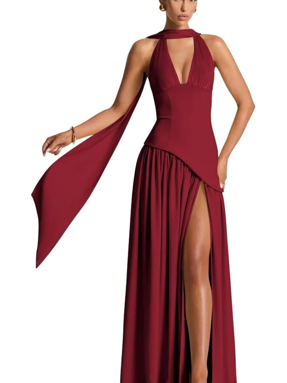 Elegant Halter Wine Evening Gown with Draped Sash